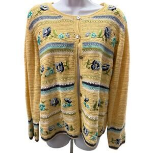 Capacity Women L Embroidered long sleeve button up cardigan granny knit Yellow